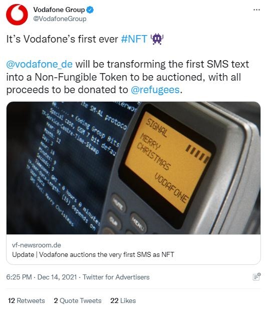 英國沃達豐公司也表示，計劃將拍賣所得全部捐贈給聯(lián)合國難民署，以支持那些被迫逃離家園的人。(圖片來源：英國沃達豐公司社交媒體截圖)