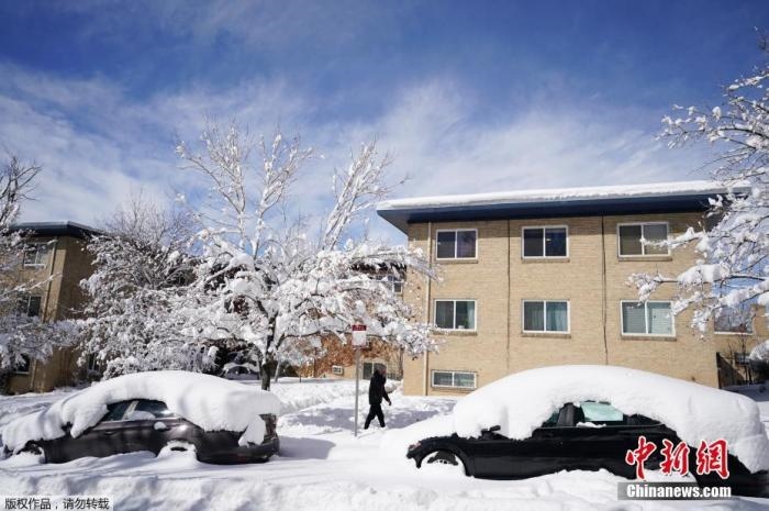 資料圖：當(dāng)?shù)貢r間2021年3月15日，美國科羅拉多州丹佛，當(dāng)?shù)赜瓉韽?qiáng)暴風(fēng)雪天氣，城市被積雪覆蓋。