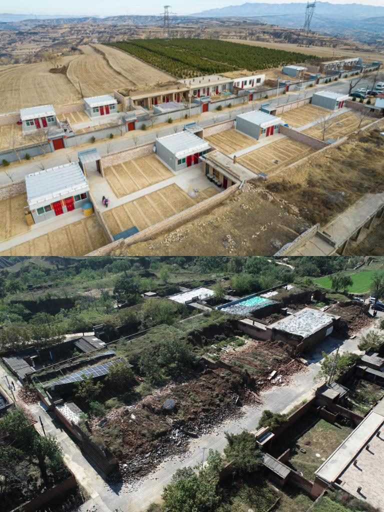 拼版照片，上圖是2022年1月山西省霍州市師莊鄉(xiāng)馮南垣村災(zāi)后恢復(fù)重建后的場景，下圖是2021年10月村莊因?yàn)?zāi)受損的場景。(霍州市委宣傳部供圖)