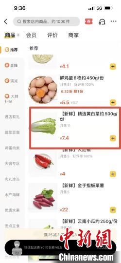 圖為線下每斤約3.8元的黃白菜線上7.4元。