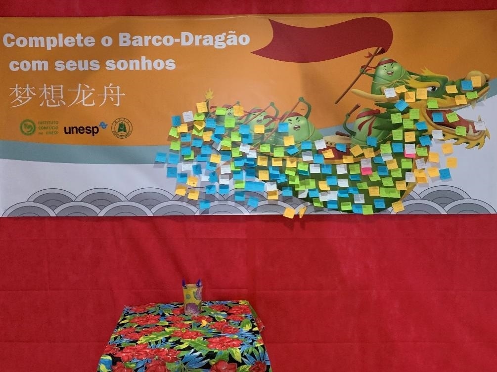 活動現(xiàn)場設(shè)置了“夢想龍舟”環(huán)節(jié)，大家將自己寫下的心愿貼在“龍舟”上，期盼“龍舟”承載自己的夢想駛向更美好的未來。（圣保羅州立大學(xué)孔子學(xué)院供圖）