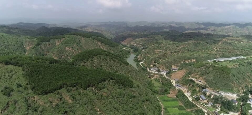 黃土溝壑中的高西溝村滿眼綠色（無人機照片，2023年7月26日）。新華社記者陳昌奇 攝