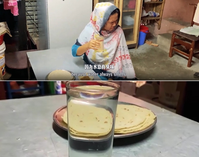 圖為紀(jì)實(shí)短片截圖：上圖為水質(zhì)未改善前，飲用水發(fā)黃渾濁；下圖為水廠建成后，飲用水水質(zhì)明顯改善，清澈透明。