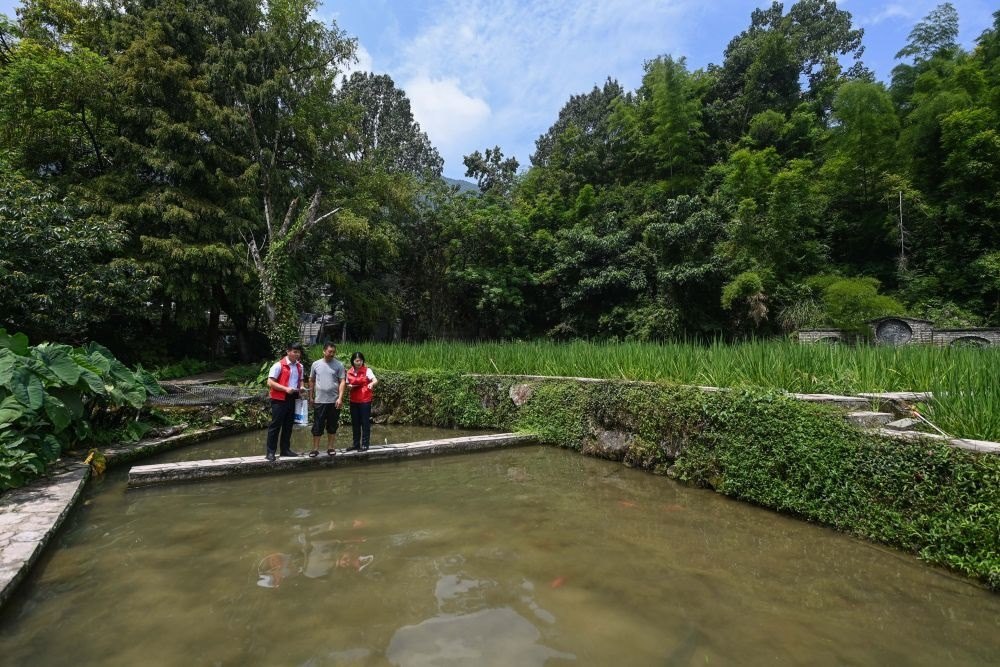 2023年8月17日，浙江省麗水市青田縣方山鄉(xiāng)田魚養(yǎng)殖戶吳勇強（中）在接受青田農(nóng)商銀行“小蜻蜓”服務(wù)隊志愿者提供的“惠民易貸”上門服務(wù)。近年來，青田縣金融發(fā)展中心聯(lián)合各個金融機構(gòu)優(yōu)化配套鄉(xiāng)村振興金融服務(wù)，推出“惠民易貸”“農(nóng)家樂貸”等金融產(chǎn)品，重點支持涉農(nóng)龍頭企業(yè)及特色種養(yǎng)殖產(chǎn)業(yè)。新華社記者 徐昱 攝