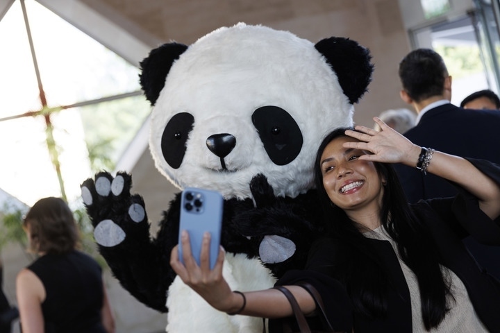 2022年8月24日，在美國(guó)華盛頓中國(guó)駐美國(guó)大使館，來(lái)賓與大熊貓玩偶合影。