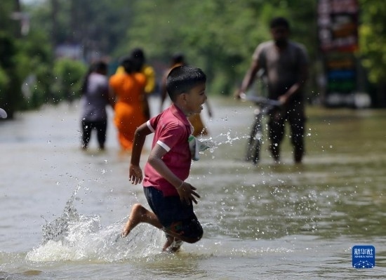 11月24日，一名男孩在斯里蘭卡加姆珀哈涉水出行。新華社發(fā)（阿吉特·佩雷拉攝）