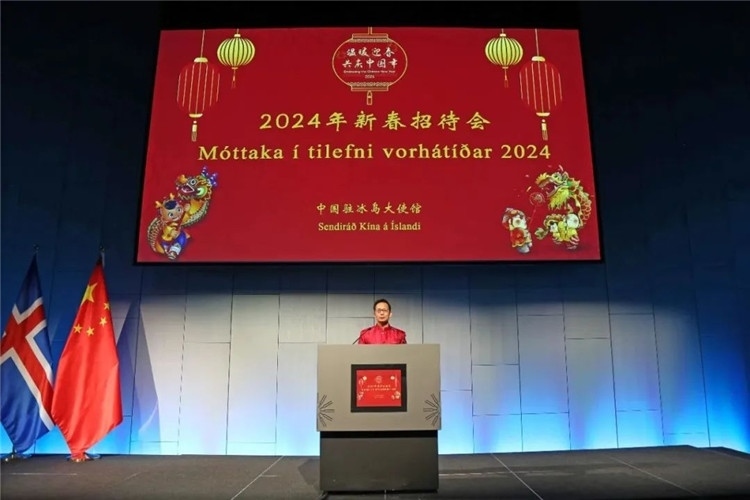 中國(guó)駐冰島大使何儒龍致辭。中國(guó)駐冰島大使館供圖