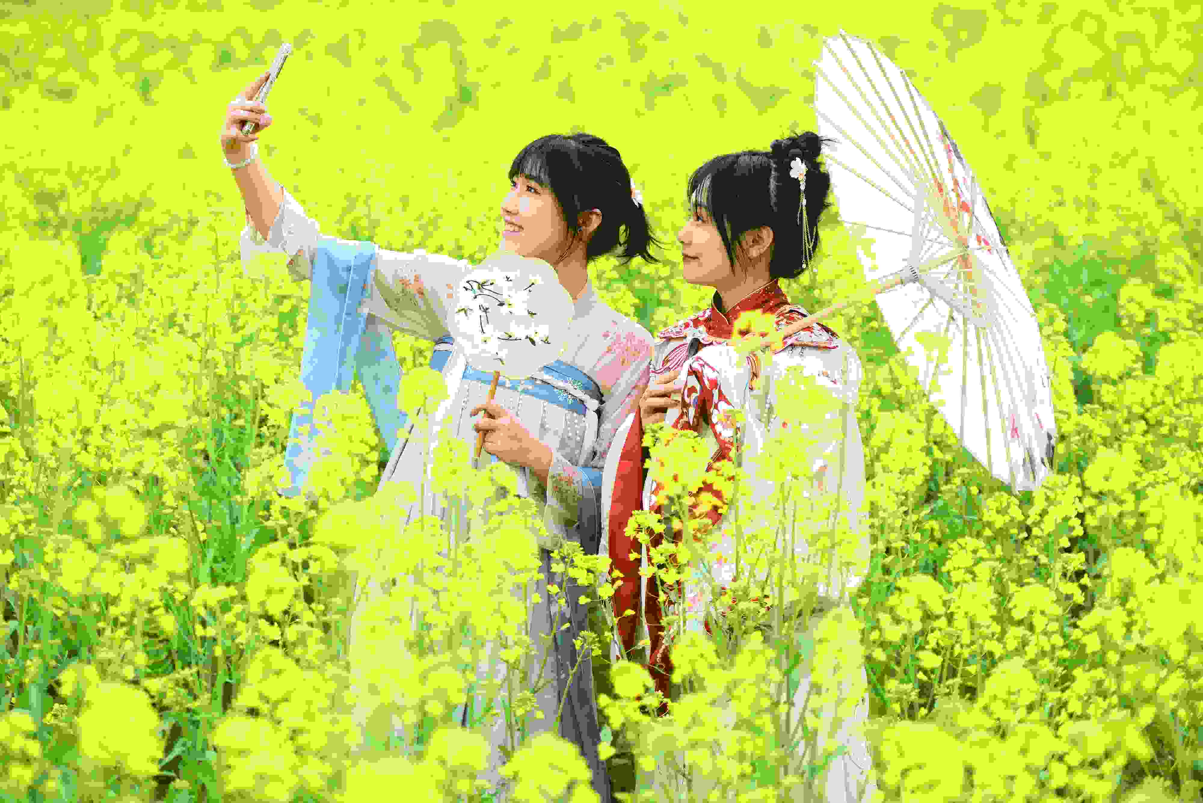 △ 2024年2月16日，廣西賀州，在富川瑤族自治縣麥嶺鎮(zhèn)三民村，游客在油菜花田間賞花拍照。