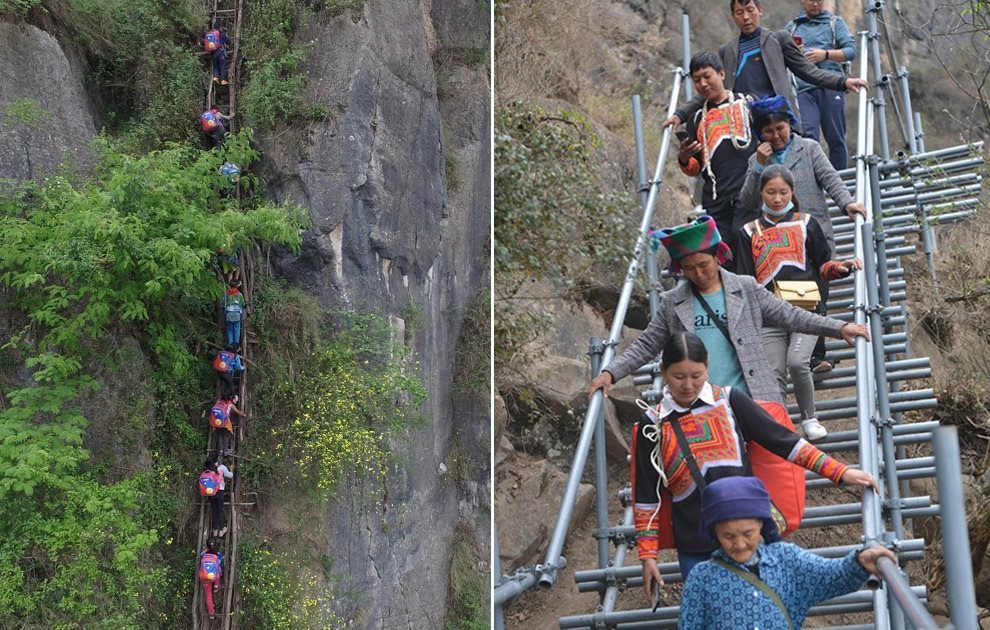 “懸崖村”今昔對比：左圖為2016年5月14日，“懸崖村”的孩子們攀爬木梯回家。右圖為2020年5月13日，“懸崖村”村民帶著行李通過鋼梯下山，搬遷至易地扶貧集中安置點的新家。