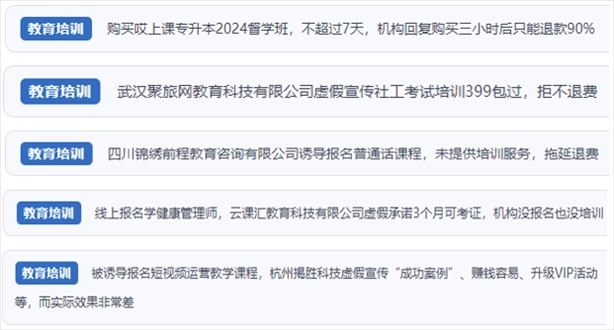 “人民投訴”用戶舉報(bào)機(jī)構(gòu)虛假宣傳包過包拿證、虛假承諾收益效果、課程服務(wù)貨不對(duì)板、退款難等在線教培亂象。（“人民投訴”平臺(tái)截圖）