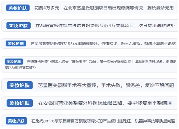 “人民投訴”用戶舉報(bào)醫(yī)美未達(dá)預(yù)期效果或?qū)е律眢w損傷退款遭拒、機(jī)構(gòu)及服務(wù)人員虛假資質(zhì)、被誘導(dǎo)高額醫(yī)美貸、網(wǎng)購美容儀器質(zhì)量不過關(guān)等問題。（“人民投訴”平臺(tái)截圖）