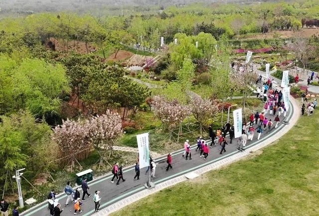 4月27日，登山愛好者在浮山森林公園參加登山健身活動（無人機照片）。新華社記者 李紫恒攝