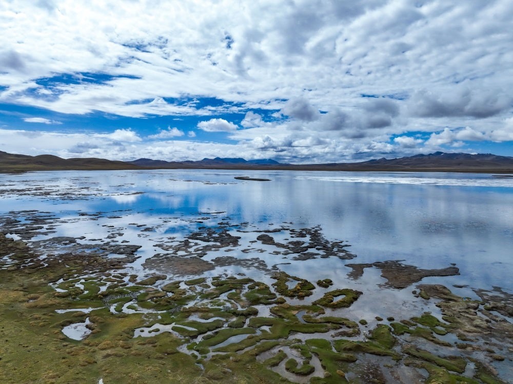 這是2024年5月26日在長江源頭地區(qū)拍攝的班德湖一角（無人機照片）。新華社記者 張龍 攝