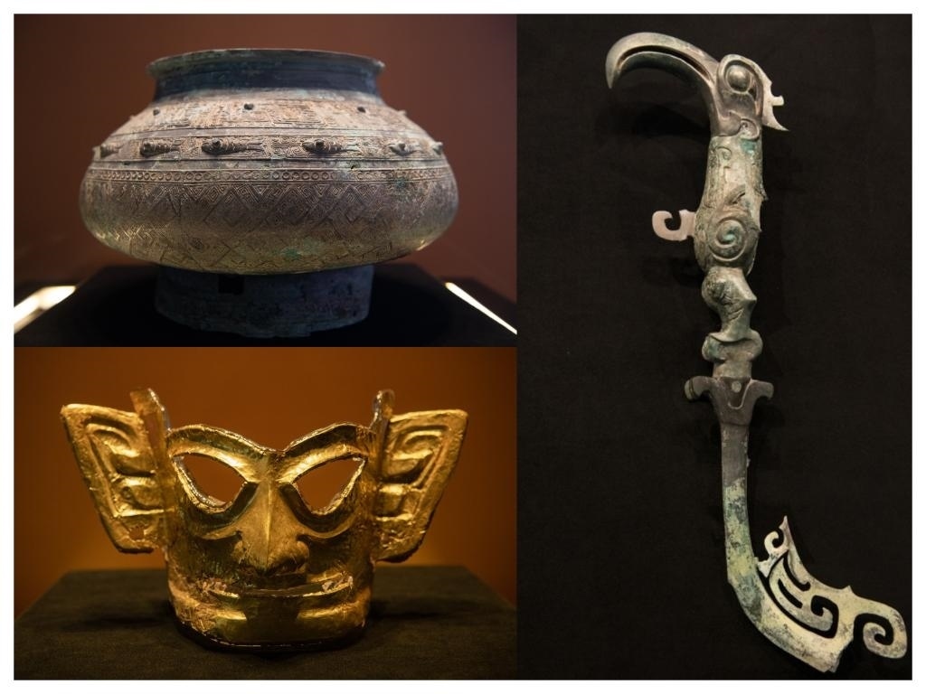 拼版照片：左上圖為青銅瓿，左下圖為黃金面具，右圖為青銅樹(shù)枝。新華社記者唐文豪 攝