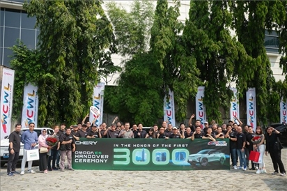 8月3日，中國車企奇瑞在雅加達舉行活動，慶祝在印尼交付第3000輛電動汽車OMODA E5。奇瑞汽車印度尼西亞銷售公司供圖