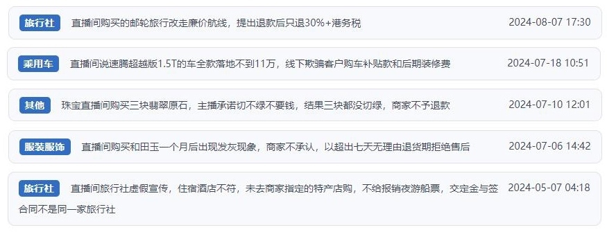 近期網(wǎng)友涉及直播購(gòu)物相關(guān)投訴問(wèn)題。（“人民投訴”用戶投訴截圖）