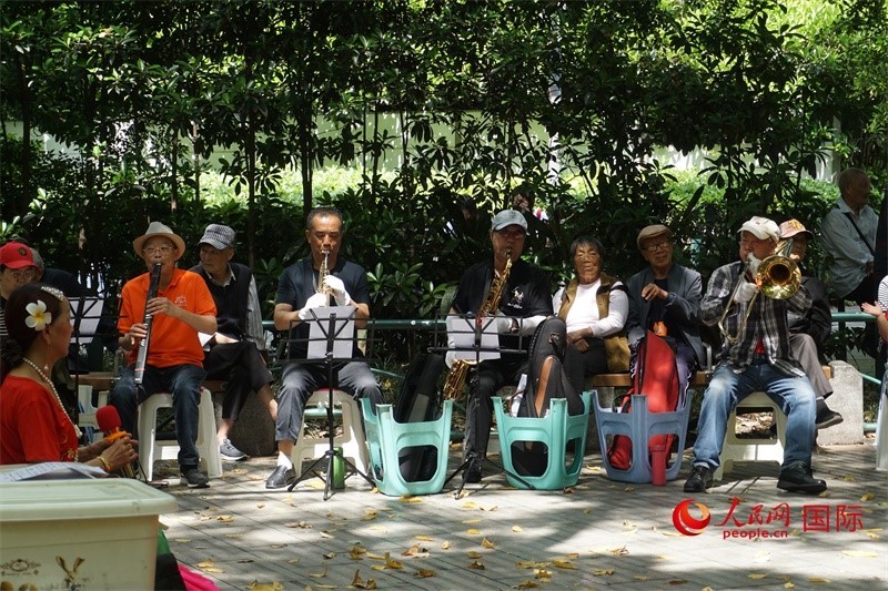 成都居民在公園里演奏歌曲。人民網(wǎng) 王禹蘅攝