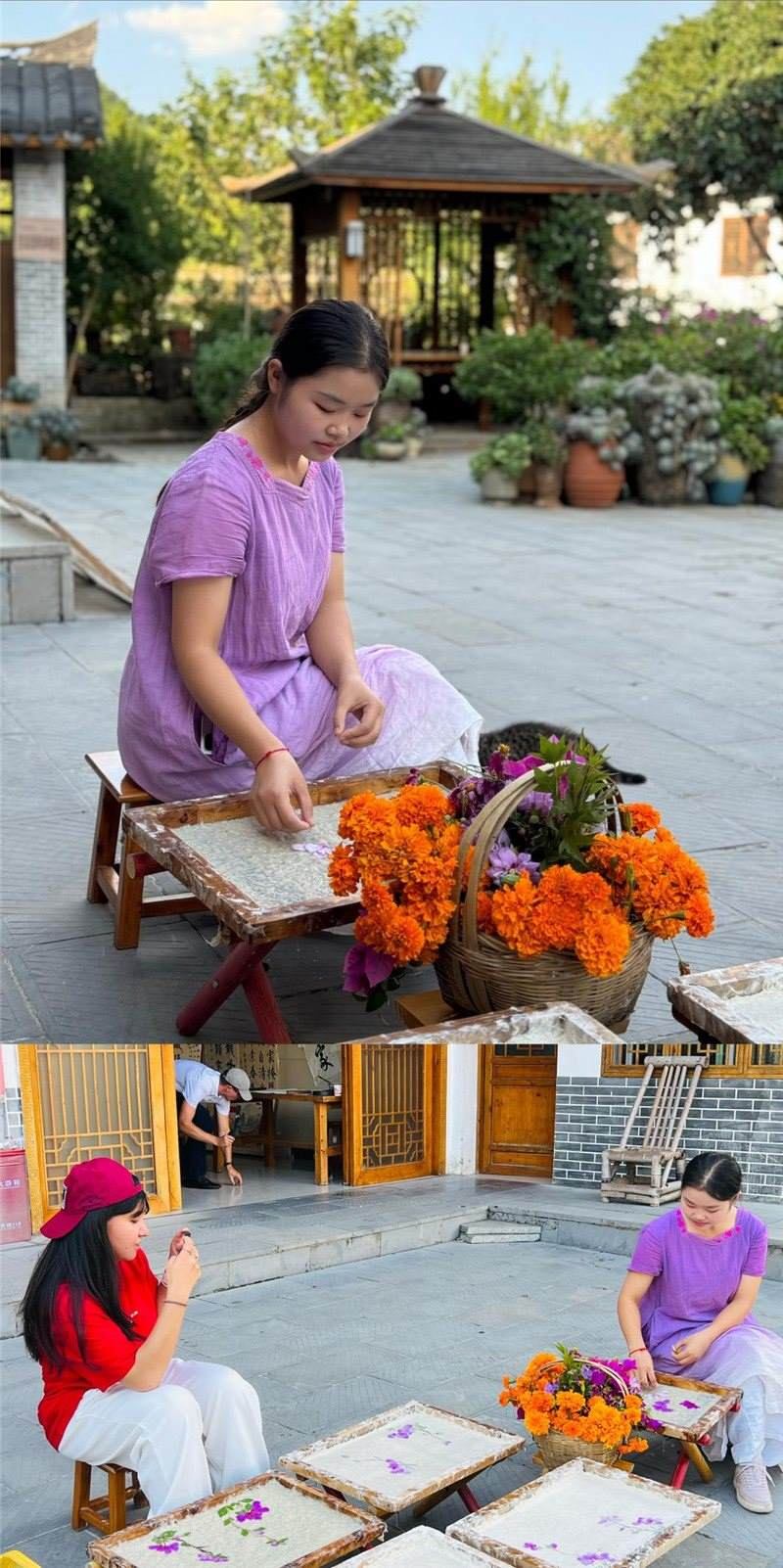 沒有女生不愛花。以古法造紙技藝為基礎(chǔ)，再輔以花草枝葉勾勒各式圖案，創(chuàng)作出花茂村獨具特色的紙漿壓花畫，少女手中的花是她眼中的風景，而她與正在制作的紙漿壓花畫也是別人眼中的風景。（哈薩克斯坦BAQ通訊社高級記者古爾詹·拉曼庫洛娃、張亞欣攝）