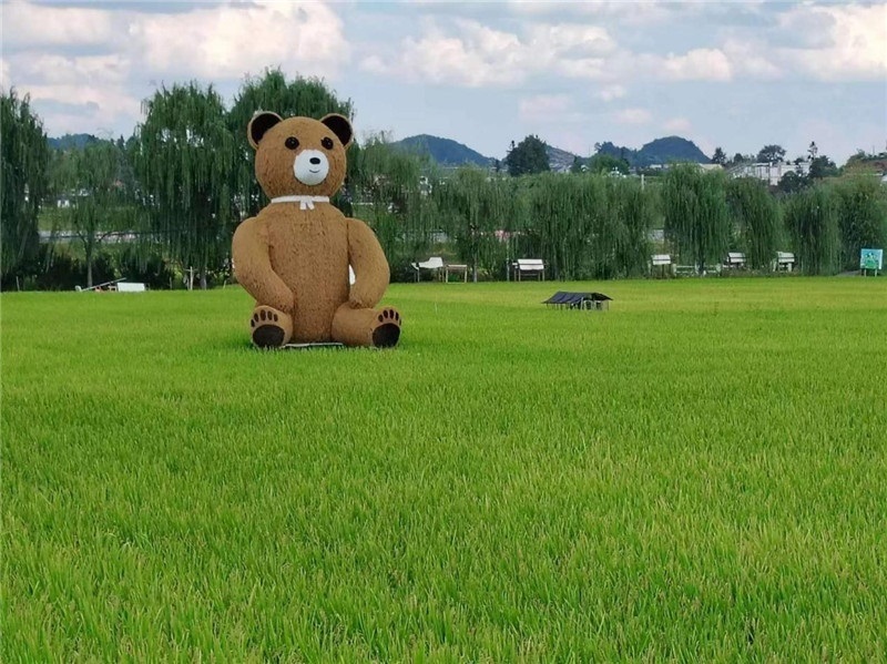 稻穗搖曳，垂柳依依，山嵐多姿，好一幅歲月靜好山鄉(xiāng)恬靜圖。這憨厚俏皮的熊玩偶造型，像是亂入其中，形成現(xiàn)代與傳統(tǒng)、好動與寧靜的反差感，讓人過目不忘，也讓人莞爾一笑。（哈薩克斯坦鳳凰24新聞社總編輯兼首席執(zhí)行官克馬爾·馬山羅攝）