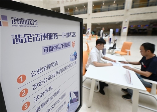 在天津?yàn)I海新區(qū)政務(wù)服務(wù)中心，工作人員在“涉企法律服務(wù)一件事”專區(qū)為市民提供服務(wù)（2024年7月31日攝）。新華社記者 趙子碩 攝
