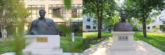 拼版照片：左圖為中央黨校（國家行政學(xué)院）校園內(nèi)的焦裕祿雕塑；右圖為中央黨校（國家行政學(xué)院）校園內(nèi)的谷文昌雕塑。