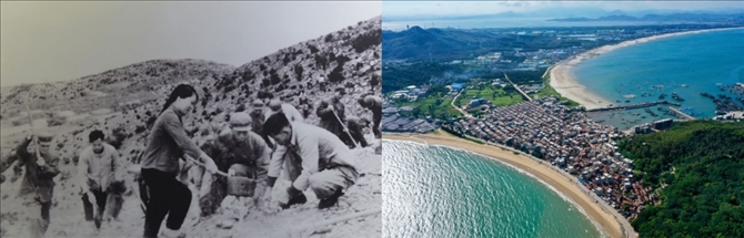 拼版照片：左圖為東山縣群眾在荒山上種植樹苗（資料照片）；右圖為2020年6月18日拍攝的東山縣陳城鎮(zhèn)澳角村附近風(fēng)光（無人機(jī)照片，新華社記者 姜克紅 攝）。