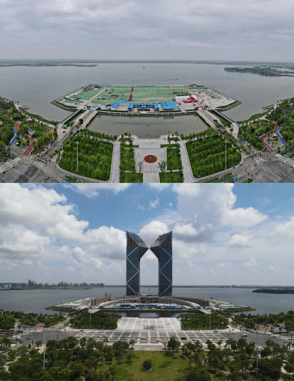 拼版照片：空中俯瞰中國（上海）自由貿易試驗區(qū)臨港新片區(qū)滴水湖西島中銀金融中心項目現(xiàn)場（上圖為2021年6月20日攝，無人機照片；下圖為2024年8月14日攝，無人機照片）。2019年8月20日，臨港新片區(qū)揭牌成立，一個開放新高地在長江與東海交匯處日益崛起。