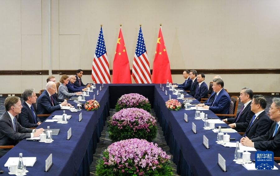 當(dāng)?shù)貢r(shí)間11月16日下午，國家主席習(xí)近平在利馬同美國總統(tǒng)拜登舉行會(huì)晤。新華社記者 丁林 攝