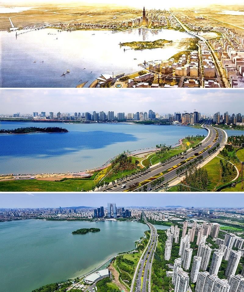 拼版照片：上圖為1994年繪制的蘇州工業(yè)園區(qū)手繪規(guī)劃圖；中圖為2007年拍攝的蘇州工業(yè)園區(qū)；下圖為2023年7月4日用無人機拍攝的蘇州工業(yè)園區(qū)。