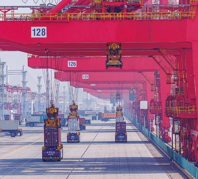 共建“一帶一路”國家在工作制度對接、技術(shù)標(biāo)準(zhǔn)協(xié)調(diào)、檢驗結(jié)果互認(rèn)等方面強化合作、統(tǒng)一標(biāo)準(zhǔn)，貿(mào)易自由化便利化水平不斷提升。上海洋山港海關(guān)對接共建國家進出口貨物相關(guān)標(biāo)準(zhǔn)，推動通關(guān)一體化方式申報，提升通關(guān)效率。圖為無人駕駛的全自動導(dǎo)引車在洋山港穿梭往來，搬運集裝箱。王初 攝