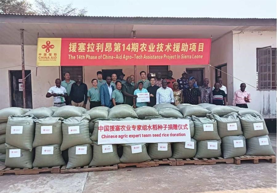 中國援塞拉利昂農(nóng)業(yè)專家組在塞南方省博城舉辦水稻種子捐贈儀式。中國援塞農(nóng)業(yè)專家組供圖