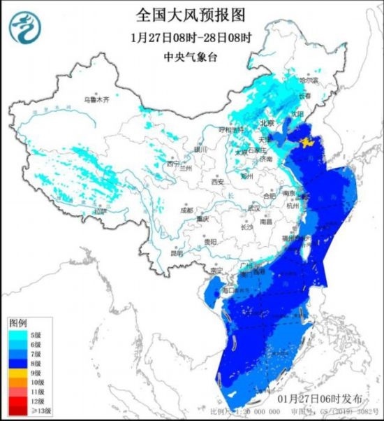 全國大風預報圖(1月27日08時-28日08時) 圖片來源:中央氣象臺網(wǎng)站
