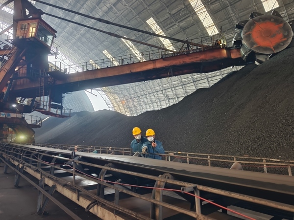 趙善國（右）和同事對電廠煤場進(jìn)行巡檢。受訪者供圖