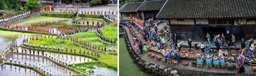 左圖：近期，人們在黎平縣肇興侗寨的田園里演唱侗族大歌（黎平縣委宣傳部供圖）；右圖：這是2023年拍攝的十八洞村長桌宴（湘西州委宣傳部供圖）。