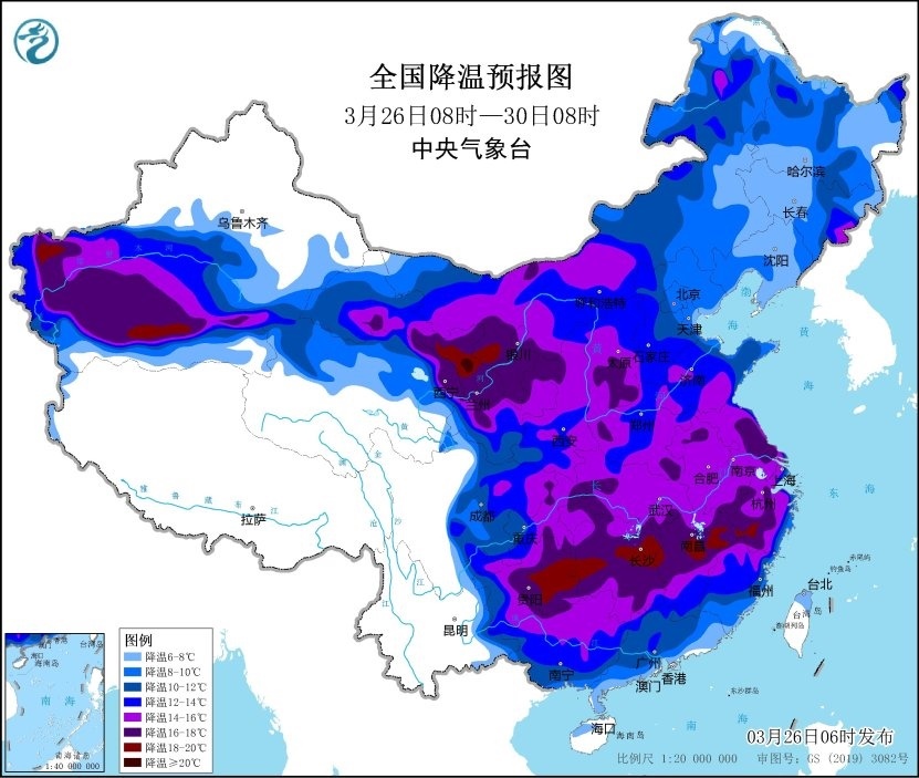 全國(guó)降溫預(yù)報(bào)圖(3月26日08時(shí)-3月30日08時(shí))