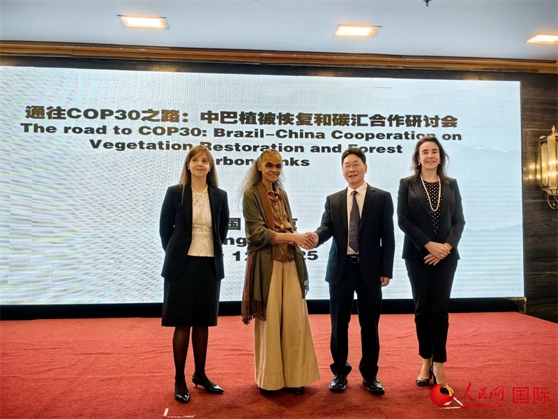 中國國家林業(yè)和草原局副局長(zhǎng)李云卿（右二）、巴西環(huán)境和氣候變化部部長(zhǎng)瑪麗娜·席爾瓦（左二）、巴西財(cái)政部副部長(zhǎng)羅熙丹（右一）、巴西駐華大使館公參樂美（左一）出席“通往COP30之路：中巴植樹造林和碳匯合作研討活動(dòng)”。人民網(wǎng)記者 符園園攝