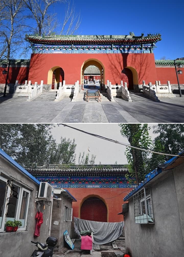 位于先農(nóng)壇內(nèi)的慶成宮，曾長時間被雜亂的民居占據(jù)。在北京中軸線申遺保護(hù)工作的帶動下，北京完成了慶成宮區(qū)域文物征收騰退、非文物建筑拆除、彩畫保護(hù)、本體修繕、展覽布陳等，讓560多年歷史的古建群重新回歸。2024年12月，北京中軸線上先農(nóng)壇內(nèi)的慶成宮首次面向社會公眾開放。上圖為騰退修繕后的慶成宮內(nèi)宮門（資料照片）；下圖為翻拍的慶成宮內(nèi)宮門騰退修繕前的資料照片（2024年12月21日攝）。